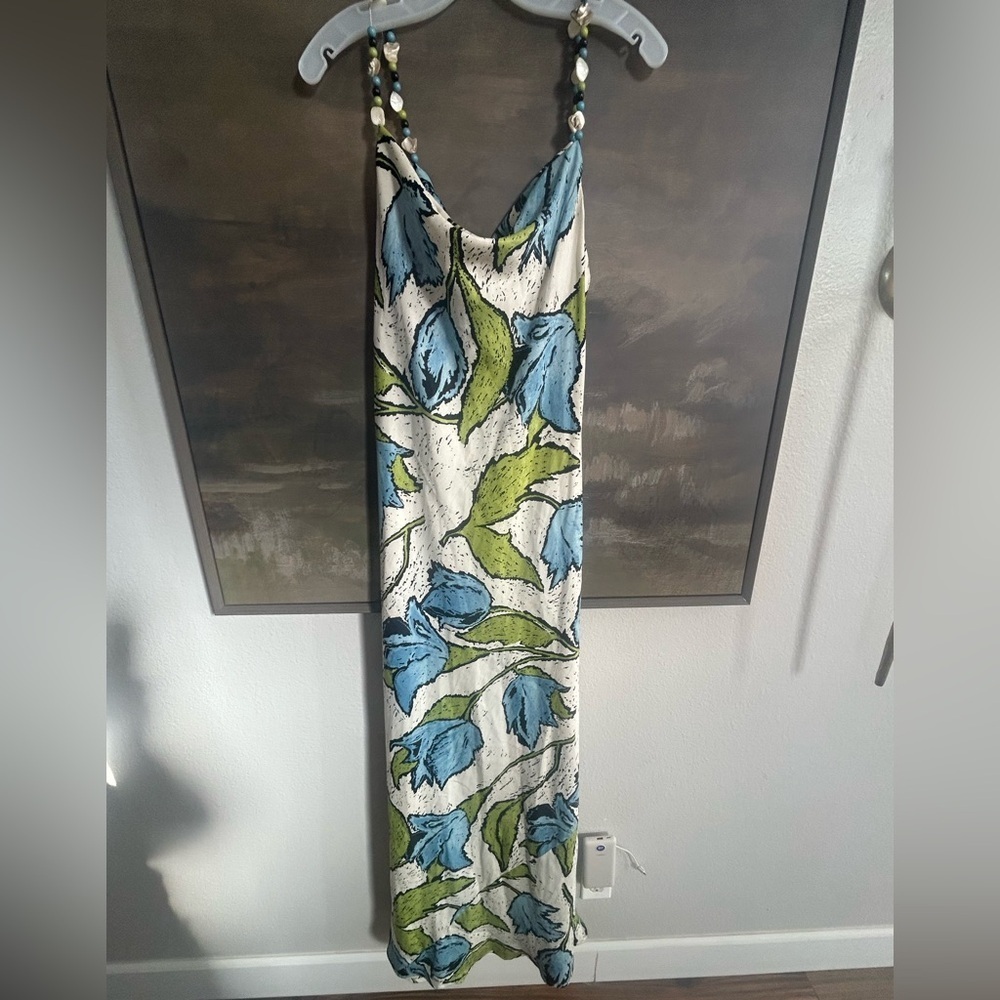 NWOT Topshop cowl neck midi slip dress with beaded straps in green blue floral - Picture 2 of 14